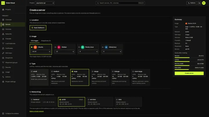 Victor Cloud Create a server: Location, image, type and network; SSH keys, firewalls, volumes and cloud-init follow in the same form.