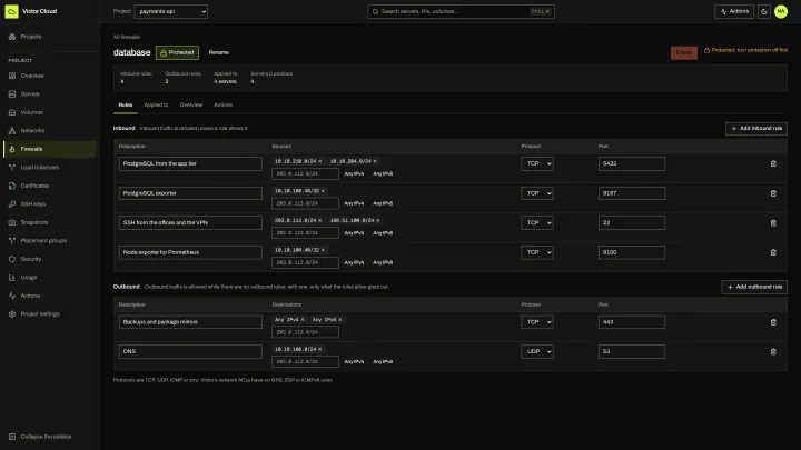 Victor Cloud Firewalls: Inbound and outbound rules, applied to private networks or individual servers.
