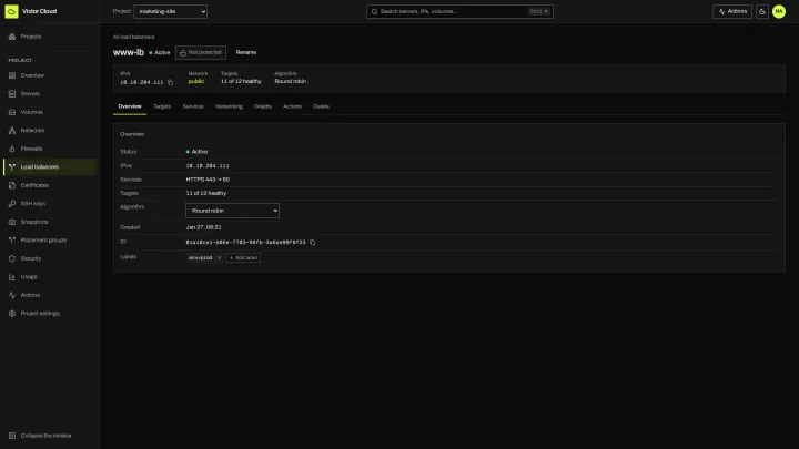Victor Cloud Load balancers: Tenant load balancers with targets and services.