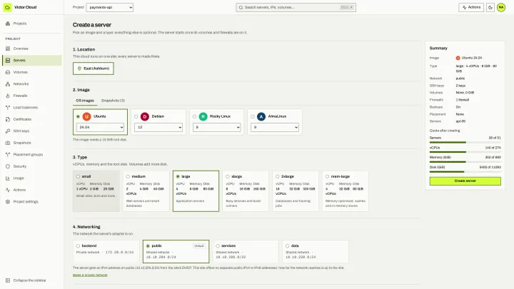 Victor Cloud Create a server: Location, image, type and network; SSH keys, firewalls, volumes and cloud-init follow in the same form.