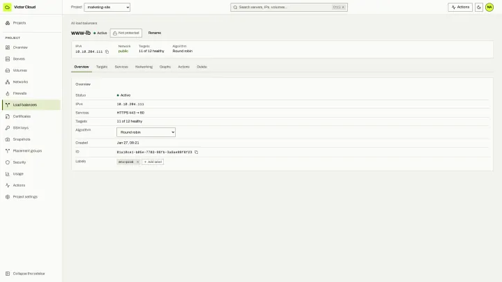 Victor Cloud Load balancers: Tenant load balancers with targets and services.