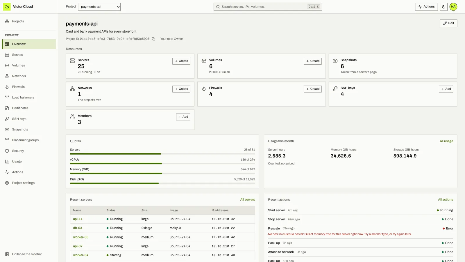 Project overview: A tenant project with its servers, volumes, networks and usage.