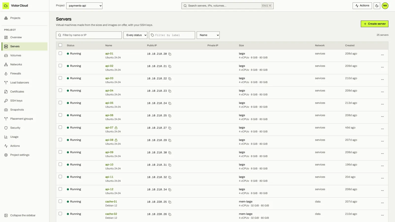 Servers: Self-service servers with status, image, size, address and network, filterable by label.