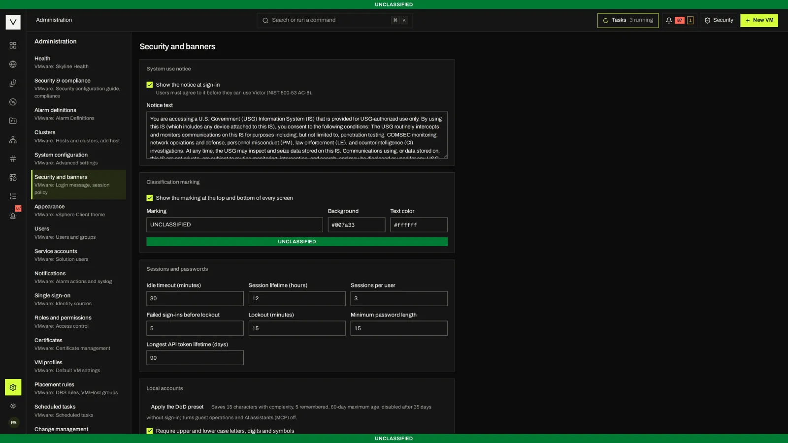 Policy: The DoD preset and the password rules it sets, beside the notice, marking and session settings.