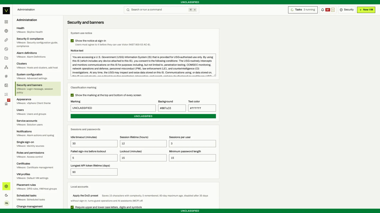 Policy: The DoD preset and the password rules it sets, beside the notice, marking and session settings.