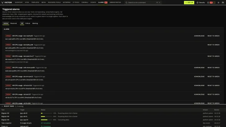 Triggered alarms in the classic view: Active alarms with severity, target and acknowledgement.