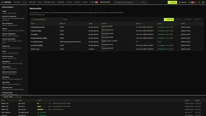 Backup jobs in the classic view: Scheduled jobs with scope, target, schedule, next run and last result.