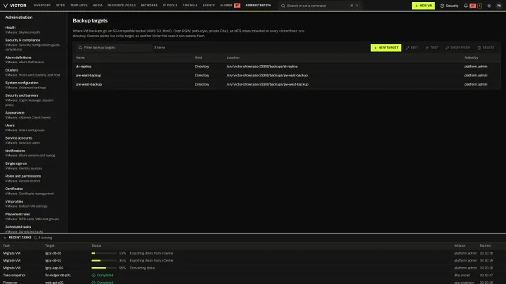 Backup targets in the classic view: S3, NFS, directory and SFTP targets managed centrally.
