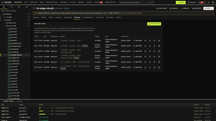 VM restore points in the classic view: Restore points on the VM itself, with size, type and verification state.