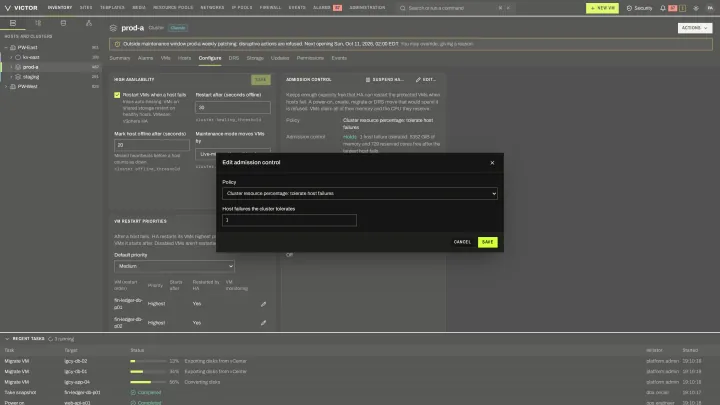 HA admission control in the classic view: Reserve failover capacity by host failures, percentage or dedicated hosts.