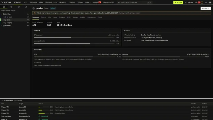 KVM cluster summary in the classic view: A Victor virtualization cluster with its hosts, capacity and current maintenance window.