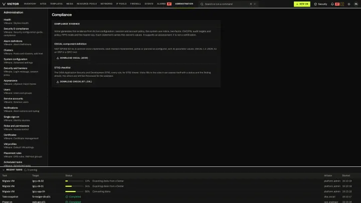 Compliance exports in the classic view: Enterprise OSCAL and STIG exports generated from live configuration.