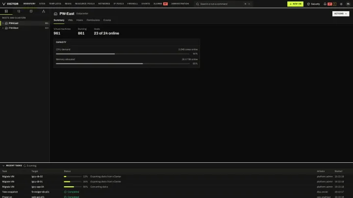Datacenter summary in the classic view: VM and host counts, hosts online and capacity for a datacenter.