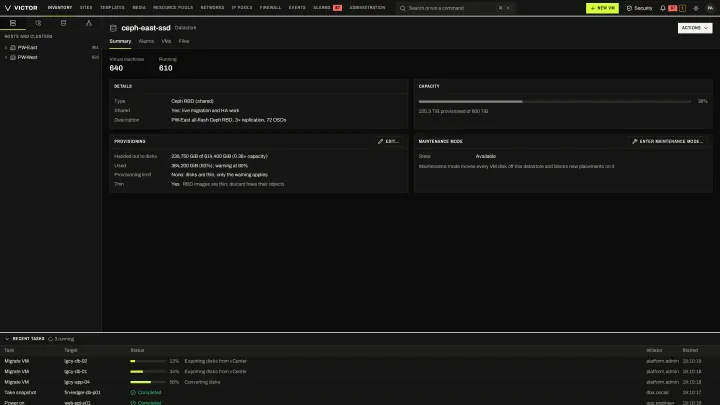 Datastore summary in the classic view: Ceph datastore capacity, provisioning and the VMs placed on it.