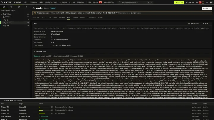 DRS recommendations in the classic view: Balancing moves held to VM/host rules, headroom and change windows.