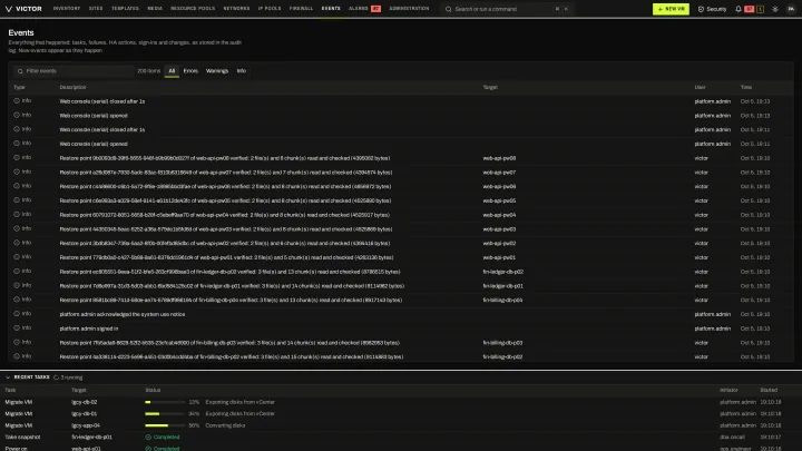 Events in the classic view: Every task and system event, filterable and linked to its object.