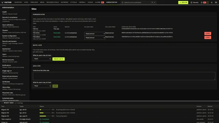 Federation settings in the classic view: Join and manage peer sites.