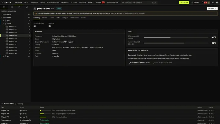 Host availability in the classic view: Hardware, usage, and what maintenance mode will do to each VM on the host.