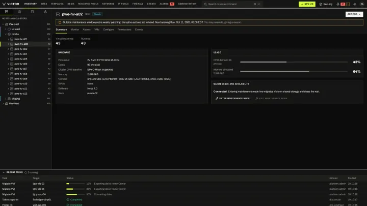 Host summary in the classic view: Host hardware, usage, maintenance mode and the VMs it is running.