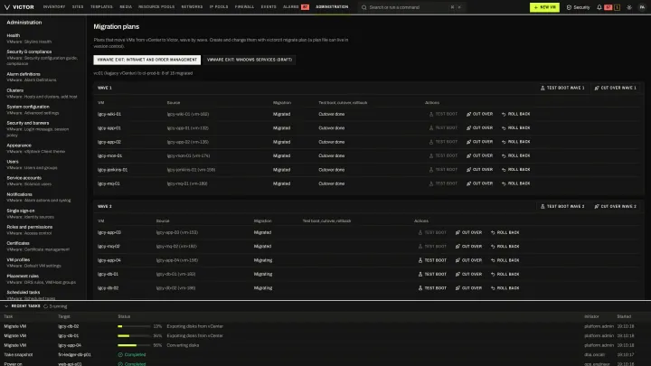 Migration plans in the classic view: Enterprise migration plans: waves, test boot, cutover and rollback per VM.