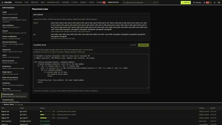 Placement script in the classic view: Host groups and a site-wide placement script that decides where new or evacuated VMs land.