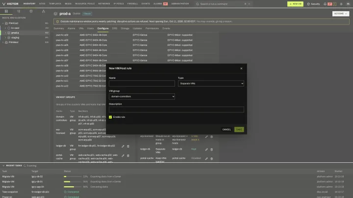 Placement rule in the classic view: VM/VM and VM/host affinity and anti-affinity rules.
