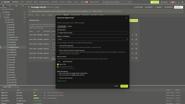 Restore a VM in the classic view: Restore in place or as a new VM, choosing the cluster or namespace and which disks.