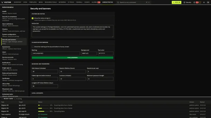 Security and banners in the classic view: Consent notice, classification banner, session and password policy.