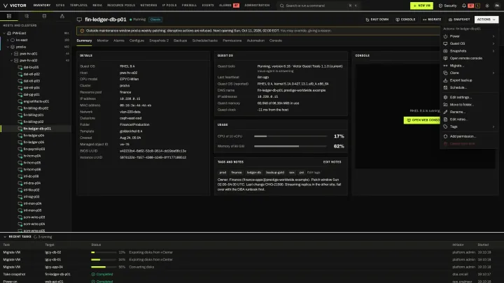 VM actions in the classic view: Power, snapshots, migrate, clone, backup, schedules, settings, tags and permissions from one actions menu.