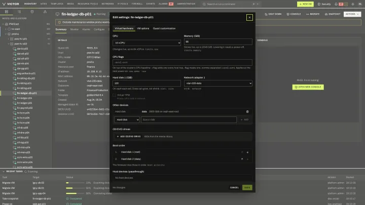 Edit hardware in the classic view: CPU, memory, disks, NICs and devices in one settings dialog.
