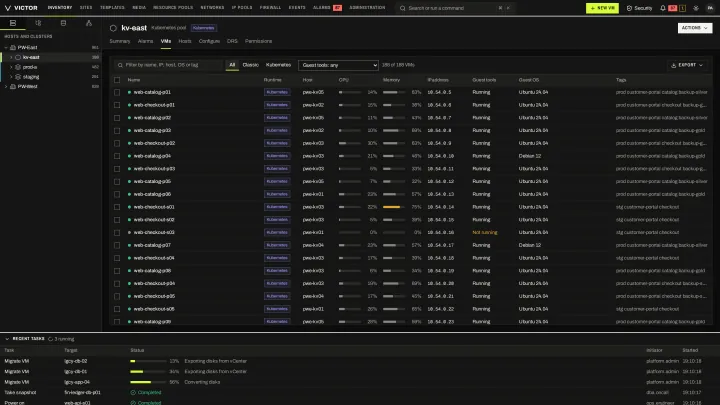 KubeVirt VMs in the classic view: The VMs of a KubeVirt pool, each marked with the Kubernetes runtime, in the same inventory as KVM clusters.