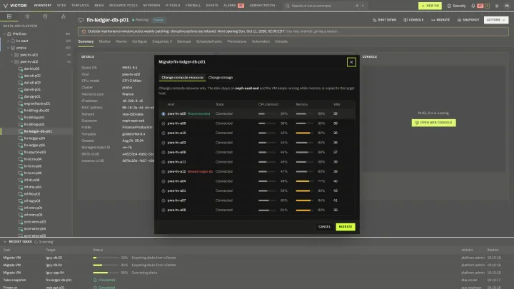 Live migrate in the classic view: Pick a destination with its CPU demand, memory and placement-rule conflicts shown first.
