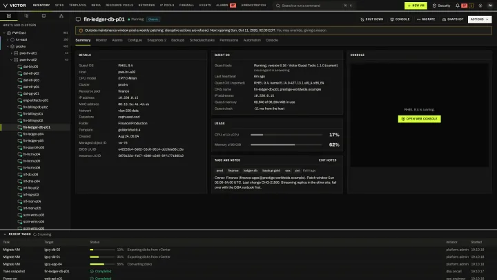 VM summary in the classic view: Guest OS, identity, usage, tags, notes and console for one VM.