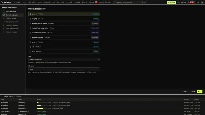 New VM: compute in the classic view: Pick a KVM cluster or KubeVirt namespace and let Victor place the VM on a host, under placement rules.