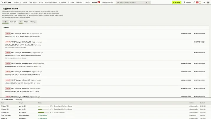 Triggered alarms in the classic view: Active alarms with severity, target and acknowledgement.
