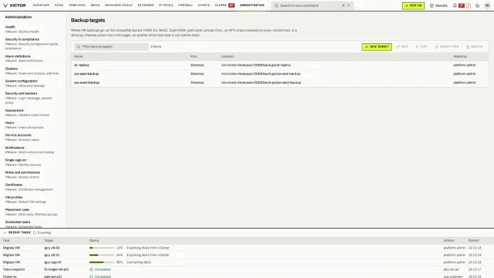 Backup targets in the classic view: S3, NFS, directory and SFTP targets managed centrally.