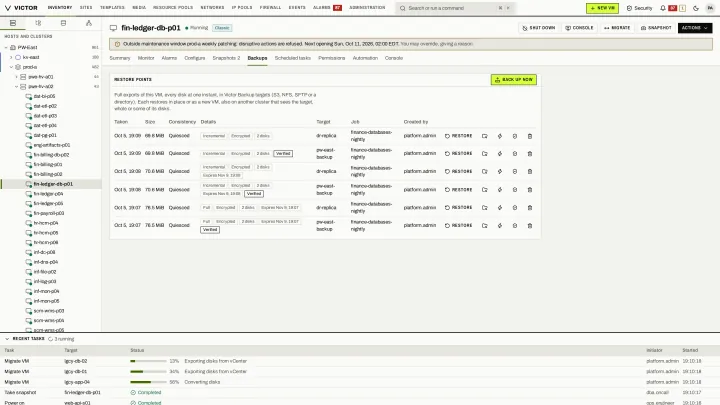VM restore points in the classic view: Restore points on the VM itself, with size, type and verification state.