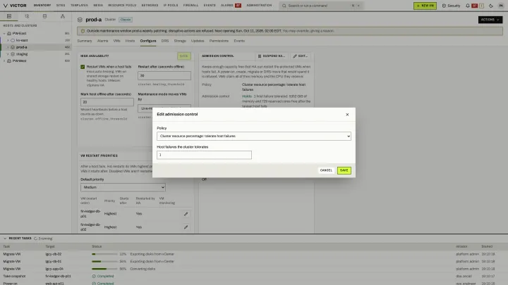 HA admission control in the classic view: Reserve failover capacity by host failures, percentage or dedicated hosts.