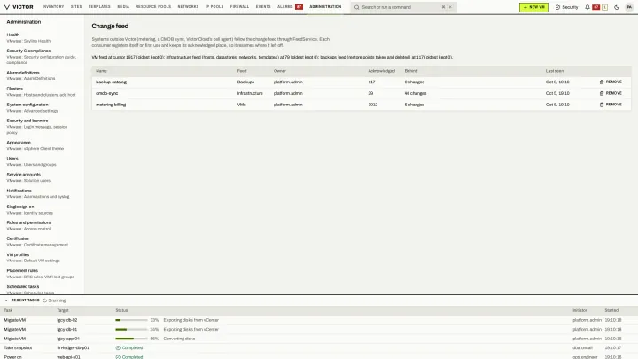 Change feed in the classic view: Feeds of VM, infrastructure and backup changes, with each integrator's position.