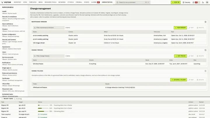 Change management in the classic view: Maintenance windows and change freezes that disruptive actions respect.