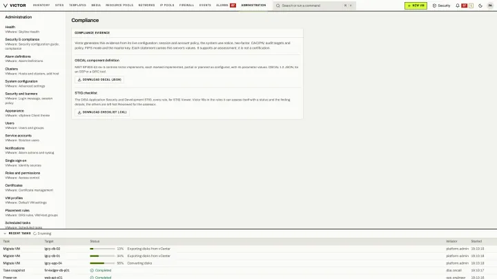 Compliance exports in the classic view: Enterprise OSCAL and STIG exports generated from live configuration.