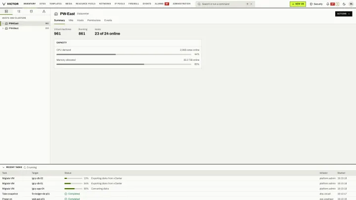 Datacenter summary in the classic view: VM and host counts, hosts online and capacity for a datacenter.