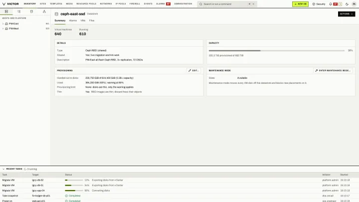 Datastore summary in the classic view: Ceph datastore capacity, provisioning and the VMs placed on it.