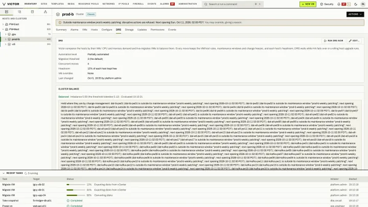DRS recommendations in the classic view: Balancing moves held to VM/host rules, headroom and change windows.