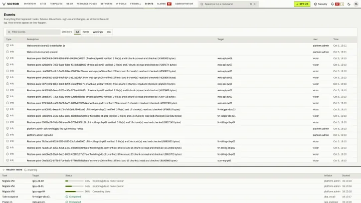 Events in the classic view: Every task and system event, filterable and linked to its object.