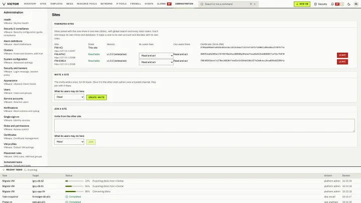 Federation settings in the classic view: Join and manage peer sites.