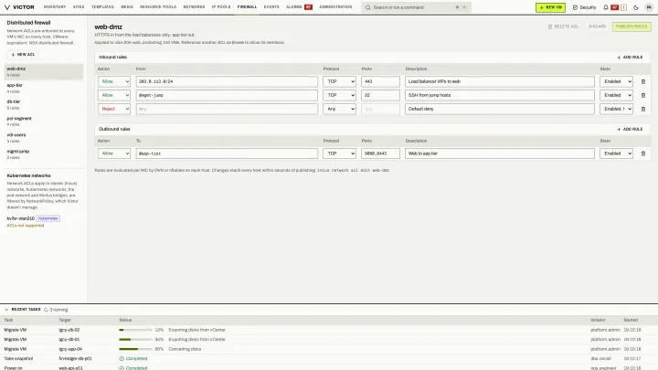 Firewall and ACLs in the classic view: Network ACLs on bridge and OVN networks of KVM clusters; KubeVirt networks are marked unsupported.