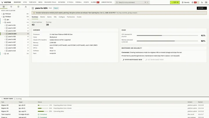 Host availability in the classic view: Hardware, usage, and what maintenance mode will do to each VM on the host.