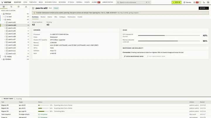 Host summary in the classic view: Host hardware, usage, maintenance mode and the VMs it is running.