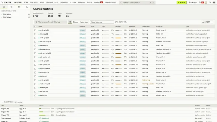 All virtual machines in the classic view: One inventory across KVM clusters and KubeVirt pools, with runtime, host, resource use and state per VM.
